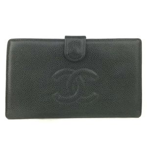 CHANEL CC Logo Black Caviar Skin Long Bifold Wallet